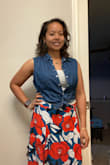 The fabric is really light. The top has adjustable halter straps and obviously you tie the waist. The top showed too much on the sides for me so I opted for a white tank w/ denim crop. The skirt waist is stretchy, has a side zipper, and the slits are knee high for me considering I chopped a foot of fabric off lol. I typically wear an 8. - Kim J.