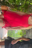 This is a great summer dress! But the sizing isn't quite what I wanted. The small was too short and snug on the hips. But the medium is a little loose on the top. 34DD 35" chest 27" waist. Probably just going to have it taken in. The dress will stretch as you wear it, so be aware of that. I'm having to sew in my own bra strap secures so my bra doesn't show 24/7. Overall it's super cute and fun! - Charlie W.