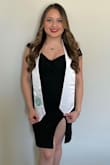 Loved this dress for my college graduation. The off-the-shoulder straps stayed in place the entire day. It's fitted but still has some stretch to it. I'm 5'0 & the length was perfect! - Yasmine M.