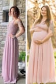 I absolutely love this dress I purchased it years ago now for a fundraiser ball. I have worn it countless times, I even wore it for my maternity photos. Yes, the same size, same exact dress. It is one of my favorites.
Here is a photo with comparison, on the left, May 6th, 2022 at my cousin's wedding the photos on the right, from 2 years ago May 3rd, 2020 during my maternity photos.  This dress is like the sisterhood of traveling pants it has fit me through all stages and all sizes of my life. - Kat S.