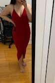 Love this! Fits so nicely, the material is super stretchy and slinky so it hugs your curves.  I'm usually a M/L but it's so stretchy that I went with a S. Thr pleats in the front it covers any pooch and makes you feel really confident. The chest is kinda low so I pinned it a little to keep the girls in. The underdress can sometimes peek through as well but overall I love it! - Nadine L.