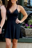 I needed a black dress for my BFFs bachelorette party, but I was 11 weeks pregnant at the time and had a little lower belly pooch that I wanted to be hidden. I chose this dress since it is a skater style and the skirt flared out just enough to hide the pooch. The back of the dress is very pretty, wish I would've gotten pics of it. Overall, it was comfortable and cute, I just wish it was a tad shorter (I am also short though with short legs, so if you have longer legs it would probably be a better length for you). - Kaitlyn P.