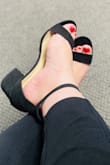 I usually have such a hard time finding any footwear that fits because I have a wide foot and I cant walk well in heals so I was looking for a block heel to try. I ordered a 9 even though I usually size up for width but the 9 worked great. The front opening is large enough for me with no pain  and I was so happy that the strap was long enough to fit my ankles. I tend to swell a little and I have no problem with these. I am able to walk well, the height is perfect and they do not hurt at all. Glad I took a chance and ordered the blue and black:) - Angela Z.