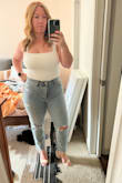 I'm in love with this brand, this is my second pair. I'm short and curvy and 34 and find most straight leg/mom jeans make me look like a gnome, but these are so flattering and comfortable. I sized down a size in these because my other pair were a little looser than I like and they are awesome. If you like them snug in the waist size down, but if your'e going for a looser look just get your normal size. - Amanda D.