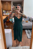 I got this dress to wear to a wedding.
It's very comfortable. I wore it with a thin strapless bra and the dress was also very supportive.
The drape in the front helps with the food belly lol
The color is perfect. - Cissy L.