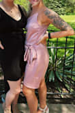Love this dress! I ordered a different lulus dress in a small and it was too tight in the hips so I got this in a medium. Definitely could have gotten a small as this was too big in the breast/upper body. I didn't have time to exchange as I wore it to a wedding so had my grandma take it in about a half inch to an inch on either size and it was perfect. Super comfy and I got so many compliments! Definitely need to steam it before wearing as the satin is very wrinkle prone!! - Olivia W.