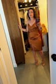 I read the other reviews and decided to order an xs, my normal size lulus dress, and a small since people were saying it runs small. Neither worked, the xs was too tight around my butt and thighs to the point I felt I could possibly rip the slit seam if I sat or bent over, but the stomach area was a little loose. I tried the small on and it fit nicely in the butt and thighs but again the stomach area was too loose. It has ruching on the side that made for loose material over the stomach, didn't help that I think it was made for people with bigger hips cause there was a lot of room in the hip area, but then it slimed in the thighs. I took it to a seamstress to see if she could fix it but she would have had to completely reconstruct it to make it work. Loved the silky material and color but ended up returning both of them because of the loose stomach material - Sophia M.
