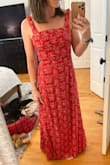 I love this dress! I love the square neckline and the strappy back makes it very adjustable. I have always been that type of person that feels like they *must* wear a bra with everything (even though I'm verrryyyy small chested), but I felt super comfortable in this dress bra-less because it was so easy to adjust the back to make the front form-fitting. Important note, in the stock photo, it appears this dress might be more midi length, but it's much longer in person. For me, being 5'3", it's definitely a maxi length. - Claire S.