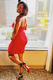 Material was nice, not see through. I wore this with no bra. Very comfortable, a little stretch to hug your body, and stays in place.
Great dress! - Laqisha M.