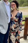 Wore this as a wedding guest and received so many compliments! The material is so soft and on the thinner side (great for a warmer wedding). I normally would've ordered a medium but it was out of stock so I gambled on the small. It would have been perfect a size up but definitely worked :) Also, I definitely needed some double-sided tape so the girls didn't make an appearance. - Sarah R.