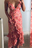 This dress is gorgeous, the pattern, the metallic threads, they are all so lovely! My measurements are all over the map 38-26-39, I bought a small and it fit very well, perhaps a bit loose in the waist. The touch of extra fabric is nice for eating and breathing, and it still created a lovely hourglass, but won't make you look snatched. In order for the waist to hit my actual waist and not my wide ribs, I lengthened the straps. It shows a fair amount of cleavage but isn't too much. With the straps lengthened, I did need some small heels to keep the back from trailing. - Tatiana M.
