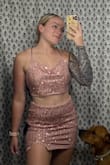 I initially ordered a size medium because I have a bigger butt and bigger thighs, but it ended up being too big around the waist, so I exchanged it for a small and it fits perfectly! I have a bachelorette party in Nashville next weekend and this is the perfect outfit for it! Super comfortable and super cute! - Sara M.