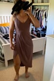 This dress fits amazing, snug but not tight on top and then flowy. The slit is high, fine when walking but definitely wear shorts if you're getting low. Colour is accurate and material is soft. - Sarah N.