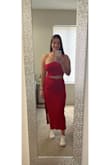 Love this dress and love the red color!! It is comfortable and stretchy. I found it flattering and love the cutouts. Can dress up or down. Loved it so much I also ordered it in black. - Karen T.