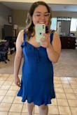 I really loved wearing this dress! I got a lot of compliments.  I am normally a size L but I got a size larger, XL, because this dress runs small. The type of material fit tight on me. I also liked the neckline and ruffled straps. - Shirley C.