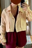 This jacket didn't have enough structure for me. It is the weight of a linen shirt, so it needs regular ironing/steaming, which I don't want to do. The bodice is lightly lined, which is nice, but there are no shoulder seams so the shoulders were a little droopy on me, and there is nothing to make the lapels lay open properly. The ties on the sleeves are adorable, but not functional for me. I could have maybe worn a Small but this one went back. - Ja R.