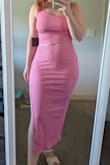 I bought this in sage and pink but the sage package only included the skirt...probably unintentional on Lulus part but I'll be returning anyways. I tried on both garments in pink and wish the top was sold separately because it's really cute. The skirt has a thin elastic waistband that felt cheap, and there's a vertical seam that sits slightly in the front instead of at the side of the hip, which I thought was strange. My hips and butt definitely stretched the skirt wider, so if I could buy both garments separately I might opt for a small on the top and a medium on the bottom. - Lizzy O.