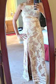 Loved this dress. Much heavier in weight than I expected. Quality is really nice. Recieved a number of compliments from the streamstresses I visited for quotes. Adjustable straps help fit the bust area so no alterations needed there. Will be buying 3-4 inch heels so I think I can get away with the length as well without alterations. Was looking for a gown to renew our vows in. Loved everything about this dress but thought the slit was too high. Alterations has quoted $15 to $20 to close the slit down about 2 inches which seemed to be a quick and relatively inexpensive fix. Looks bridal enough without being a wedding dress. Feel like I can wear it again to a different event without looking like a bride. - Jacqueline E.