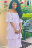 This beautiful lavender dress is prefect for spring/summer weddings! The length is modest but it's off the shoulder style adds a flirty touch! I'm 5'2" so it's no surprise the dress came longer than advertised but the chest area fit spot on! I typically wear a small but depending on the brand it ranges from x-small to medium. I picked an x-small based on the reviews of this dress running larger. I was afraid if I choose a small the length would have been too long! - Raven C.