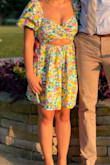 Wore this to a wedding and received so many compliments! The only problem I had with the dress was with the bust area. I had to keep flipping the fabric over because it would show my bra. Tried re-tying the bow in the back a few times, but nothing helped. An otherwise great purchase! - Jasmine T.