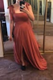 Well, the size predictor was no help. It told me I was an S and M. Not wanting it too long, I went with S. It looks beautiful but as others mentioned, there is not much room for the ladies. M is now out of stock. I have several other dresses coming in so we'll see which I keep for the wedding. I may need to squeeze into this AFTER having about 6" chopped off the bottom. Not sure it's worth it, but I do find it lovely. - Jenna W.