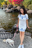 Such a darling dress and very comfortable. 
Whats great is it works with sneakers or cute heeled sandals!
The blue decorative stitching is unique and very pretty. I am well into my 50's and this dress was not too short or too tight. Great item and super purchase! - Laura G.