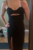 The straps are not adjustable which is ok and looks nicer than adjustable straps. I wear a 34C and my boobs would need seriously taped in this. They started falling out of the cutout in the time it took me to write this review. I am typically between a small and medium. The hips on this are a bit big but I have fairly narrow hips. Would be great for a curvy girl! I like the length, sexy with the slit, long enough to be comfortable about my butt not showing. I bought a medium because I was worried it might be too tight. I should have gone small. It is super stretchy and comfortable, to the point that I would sleep in it. The brand on the tag says "Olia" but it is the same high quality as other Lulus dresses. Would still recommend it even though I'm returning. - Maria C.