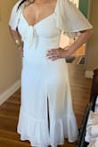I got this last minute dress for my engagement pictures. The dress was beautiful and not see through. It was a little tight but I was also bloated. The dress was very comfortable and made me feel beautiful. However, my only qualm is that the slit in the front hit my body at a weird angle when i walk. - Harminder M.