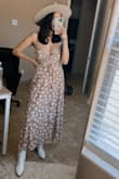 The dress is so cute and I'm excited to wear to a wedding! I will say, I have a bigger chest and it was more revealing than I'd like& but I bought some boob tape and safety pins and it fixed the problem! I knew going in that it might give me lots of cleavage but I love how it looks with the simple fix :)
**photo is without boob tape & safety pin, still fits comfortable but if I bent over& I spill out LOL - Hayley P.