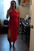 It's absolutely more beautiful in person. The red is such a rich color and the material is great quality in my opinion. I'd prefer if the keyhole was stitched shut but other than that, it's a stunning dress! - Jazzmen C.