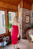 This dress is a great staple wedding guest dress. You can dress it up with jewelry or just a pair of gold hoops. Sandals or heels either will work. It's thick and lined. Has just enough stretch but runs a tad small. The medium fit comfortably and I was comfortable eating and drinking while still looking glamorous! Such a fabulous yet simple dress! Loved it!! - Erika M.