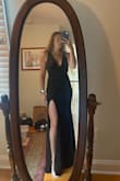 I'm wearing this dress to a formal wedding. The quality is amazing- the fabric is thick and a little stretchy. The slit in the leg is pretty high (which I love) but not too high that you'd worry about it at all. I was concerned about the neckline being to revealing because my chest is bigger than the models, but it's still appropriate and I don't need to wear a bra because the fabric is thick enough. Love it!! - Alison I.