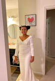 I absolutely loved this dress. Sadly, it was very tight on my arms and too wide on my shoulders in a medium. My shoulders are broad so the dress not fitting there struck me as odd. I just ordered a large to try. Prior to Covid, mediums always fit - needless to say, it doesn't anymore. Hopefully the large fits and feels more comfortable overall. I was self-conscious of my tummy in the medium. - Amber C.