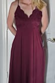 I am 5'7", 135-140 lbs, bust 34", waist 28.5", hips 38" and the small fit perfect (like a size 6), if anything I had a tiny bit of room.  I am a 34B and the amount of fabric/lace at the top portion of this dress was too large in the sense that it looked like I should have DD's to look right (even though in the advertised picture the model appears to be similar size).  The quality, is great and the straps are adjustable (which I loved) but it just didn't look right in the top (even though it was the correct size).  It did hit the floor so the dress would work with heels or need to be hemmed with flats.  I could have definitely worn it, it just wasn't a show stopping fit.  Color is true. - JENNIFER Y.