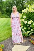 I had this dress on my wishlist forever, so when it finally came back in stock in a M I snagged it! It was perfect for a vineyard wedding in Indiana last year. The length was perfect with heels and the color is just as stunning in person. The only issue is the shoulders were a little loose, so I tied up the top shoulder piece in poofs to keep it in place! The slit up the side was tasteful and the v is deep so you have to wear an alternate version of a bra, like stick-ons or good lines! I can't wait to wear this again! - Lindsey M.
