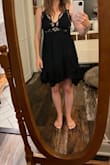 Nice for petites! I am tiny on top, so I was worried about this and not being able to wear a bra, but this was still cute on me and I didn't have to wear a bra or do cutlets which is always a bonus! The bottom is cut very differently, like a jagged look, stylish & unique. - Michelle