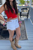 These are my favorite white shorts. Love the high waist and the material is thick enough that you can wear underwear and not see lines. Essential for summer wardrobe! - Rachel A.