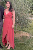 I got this dress for a formal outdoor summer wedding. I like that it's a wrap dress to fit to multiple body types and sizes. I'm 5'9" and wore 4" heals with a 1" platform and I still felt like I needed to hold up the back of the dress when walking as to not step on it. So that is a little annoying but not the end of the world. When you sit in the dress, since it's a wrap style, just make sure you really pull the front over your legs or it might show more than you'd like. But again that's not that big of  deal. The straps are adjustable like a bra strap, but because I don't have a large chest I wasn't able to  tighten it as much as I would have liked. I'll probably alter the straps myself if I wear it again in the future. - Andrea P.