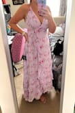 Really love this dress! I ordered a large. It hugs you up top and the bottom perfectly drapes around the hips. I found it very slimming! The color is perfect for summer also. It makes the tan really come out. I highly recommend this for curvy/ athletic body types. You also don't have the wear a bra if you have average-sized breasts, but I can see bigger-chested women not finding great success with this dress. Straps are skinny and small. - Mandy E.