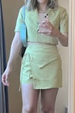 I loved this set and got many compliments on it. The fabric is thick and has a silky lining and is very comfortable. I received it with some wrinkles but was able to iron it on the lowest setting without issues. The color is exactly as pictured. The fit is super flattering. I have a small bust and athletic build with wider hips and loved the fit. I'm excited to mix and match the pieces of this set with other items in my closet. I know these pieces will be in my closet for a while because of their great quality. - Manuela R.