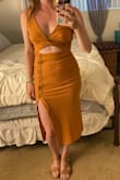 LOVE this dress!! I adore the fit, the style, the color (I love rust yellow!), and the material. I also felt comfortable not wearing a bra with it, which was a plus. Wore it on a date last week and received a ton of compliments! If you're on the fence, just get it! - Hannah P.