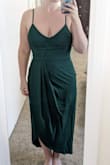 This is my second Lulu's order and again, another knockout! Fits great, love the color. It has adjustable straps and the slit in the dress is not in a position that would make me feel worried about "revealing" anything on accident. Because it's 100% polyester, it isn't very soft or breathable, but still moves well. My only gripe is that is came with some DEEP set wrinkles that washing, air drying, and ironing are unable to get out. And I'm not talking the pleating in the front but wrinkles from it being folded. I'm praying a garment steamer will be able to knock them out a less noticeable level. - Natalie F.