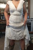 This dress is perfect for my simple, rustic barn wedding. The model pictures do not do it justice. It looks great on someone with real curves. The photos from customers are what sold me.
I went to a bridal store and tried to beat this dress. While I found $1500 dresses I liked, not matched up to this $100 one. And no one would ever be able to tell because it does not look cheap. I added a $16 beaded belt from Amazon and it gave it just the right touch. Also had 2 pairs of boots to choose from.
Medium fit great. Zipper sticks a little at the seam. May need taken in a touch and needs to be hemmed a bit. I am 5'4" and not wearing much of a heel on the boots. - Rebecca C.