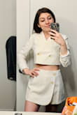 Loved the idea of this and ordered for my bridal shower! I was worried about the shorts back but they actually fit super well and are cute. I wish the top was a bit longer, fits great around, but hits a little higher than my natural waist so a little more abdomen showing than on the model, and doesn't give exactly the same silhouette. I'm going to try it on with a lace cami again to decide if I'll keep it for the bridal shower. The fabric is a nice heavy weight and it's funky cute! Wish the sleeves had buttons so I could roll them up more easily. Overall very fun pieces. - Alexandra B.