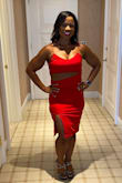 I love this dress! The color is powerful. I was a little nervous if I'd have to keep adjusting as I was moving around but I did not! The dress stayed in place and I felt confident AF in it. - Cara R.