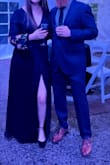I love this dress and have received so many compliments. The floral sleeve and the leg slit give it such a nice pop. The dark blue is perfect for a wedding guest outfit or perhaps a baby shower. - Natalie T.