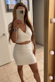 Great quality! The skirt is lined so not see through. It fits right above the knee and holds everything in place! I also have been able to wear them as separate pieces and get tons of compliments. - Carina D.