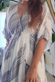 I thought it was white and black. It's not. It is dark blue and white. Very pretty dress, I got many compliments. The only down side is, it is too long. I like to wear it with flats shoes and it toches the ground a bit. I am 5"2 so maybe someone taller would be happy with the length. I like the material and the fact that the cleavage is not to much for someone like me. I didn't like to show it. - Ayda C.
