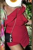 Loved the red color and the ruffle top was cut perfectly for my bustier shape, it was not too long to make my bust look bigger very flattering. Definitely is short but I think that looks best with a romper. It is a little hard to zip alone so try to hit the bathroom with a GF. - Crystal L.