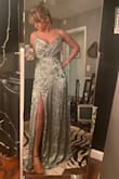 I ordered this dress and a second super similar one from Lulus (exact pattern and color, sage green) .  The other had a cowl neck and the slit is different.  I preferred this style and chose to keep it for my sister's wedding.  The quality is better than expected and fits true to size.  I'm 5'3" so will obviously have to get it hemmed, but that's to be expected with most formal dresses.  I super recommend it! - Savannah R.
